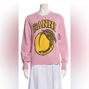 Ganni Light Pink Sweater with Bold Yellow Graphic